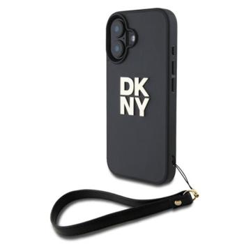 DKNY PU Leather Stack Logo iPhone 16 tok csuklópánttal, fekete kép