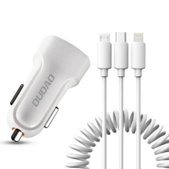Dudao autós szett 2x USB 2.4a töltő + 3in1 Lightning / Type-C USB-C / micro USB kábel fehér (R7 fehér) kép