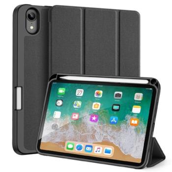 DUX DUCIS DOMO tok álló, bőr hatású (aktív FLIP, oldalra nyíló, TRIFOLD Apple pencil tartó, textil minta) FEKETE Apple IPAD mini 6 (2021) kép