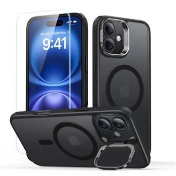 ESR CLASSIC HYBRID szilikon telefonvédő (ütésállóság, kitámasztó, MagSafe, matt + képernyővédő üveg) FEKETE Apple iPhone 16 5G kép