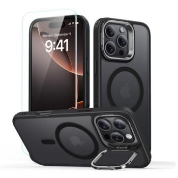 ESR CLASSIC HYBRID szilikon telefonvédő (ütésállóság, kitámasztó, MagSafe, matt + képernyővédő üveg) FEKETE Apple iPhone 16 Pro 5G kép