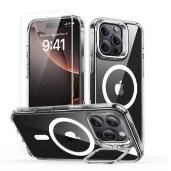 ESR CLASSIC HYBRID szilikon telefonvédő (ütésállóság, légpárnás sarok, kitámasztó, MagSafe + képernyővédő üveg) ÁTLÁTSZÓ Apple iPhone 16 Pro kép