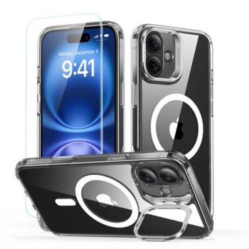 ESR CLASSIC HYBRID szilikon telefonvédő (ütésállóság, légpárnás sarok, kitámasztó, MagSafe + képernyővédő üveg) ÁTLÁTSZÓ Apple iPhone 16 kép