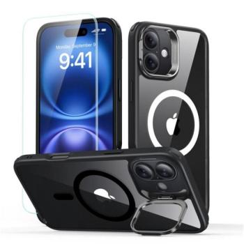 ESR CLASSIC HYBRID szilikon telefonvédő (ütésállóság, légpárnás sarok, kitámasztó, MagSafe + képernyővédő üveg) FEKETE Apple iPhone 16 5G kép