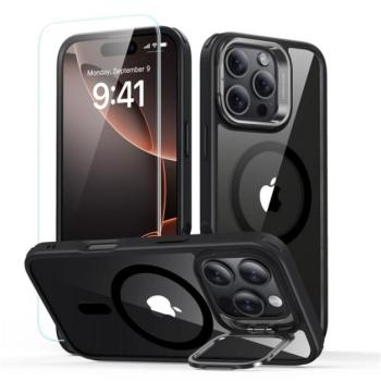 ESR CLASSIC HYBRID szilikon telefonvédő (ütésállóság, légpárnás sarok, kitámasztó, MagSafe + képernyővédő üveg) FEKETE Apple iPhone 16 Pro 5G kép