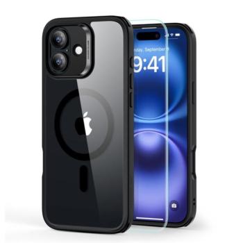 ESR HYBRID HALOLOCK szilikon telefonvédő (ütésállóság, légpárnás sarok, MagSafe + képernyővédő üveg) ÁTLÁTSZÓ/FEKETE Apple iPhone 16 Plus kép
