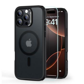 ESR HYBRID HALOLOCK szilikon telefonvédő (ütésállóság, légpárnás sarok, MagSafe, matt + képernyővédő üveg) FEKETE Apple iPhone 16 Pro 5G kép