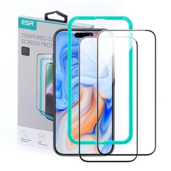 ESR képernyővédő üveg 2db (2.5D lekerekített szél, 0.3mm, 9H, ujjlenyomat mentes + felhelyezést segítő keret) FEKETE Apple iPhone 15 Plus kép