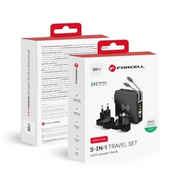 Forcell 5in1 univerzális töltő, Power bank / külső akkumulátor vezeték nélküli töltéssel,(15W) USB-C/lightning, (20W/10000mAh) fekete kép