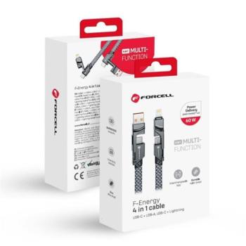 FORCELL F-ENERGY C241 4in1 USB-C-USB-A / USB-C-Lightning adatkábel, QC PD, 3A, 60W, 1m, ezüst kép