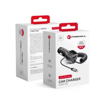 FORCELL F-ENERGY CC50-1AC USB-A autós töltő USB-C kábellel, PD QC3.0, 3A, 38W, carbon fekete kép
