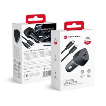 FORCELL F-ENERGY CC50-1C USB-C autós töltő + USB-C-Lightning adatkábel, PD, 3A, 20W, carbon fekete kép