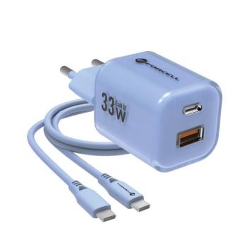 Forcell F-Energy Crystal Color GaN III VT-41 USB-C-USB-A hálózati töltő adapter szilikon kábellel, 33W, kék kép