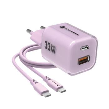 Forcell F-Energy Crystal Color GaN III VT-41 USB-C-USB-A hálózati töltő adapter szilikon kábellel, 33W, lila kép