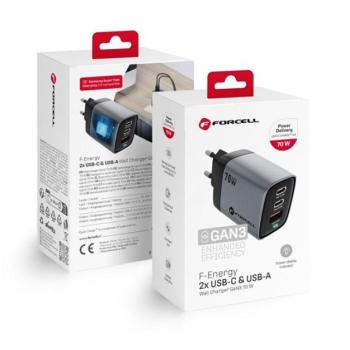 Forcell F-Energy GaN III VT-37 2xUSB-C + USB-A töltő adapter LCD kijelzővel, PD, QC4.0, SFC2.0, 3,45A, 70W, szürke kép