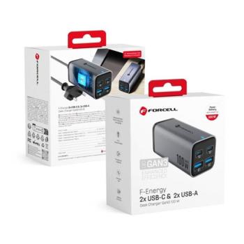 Forcell F-Energy GaN III VT-49 2xUSB-C + 2xUSB-A asztali töltő, PD, QC4.0, SFC2.0, 5A, 100W, szürke kép