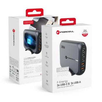Forcell F-Energy GaN III VT-51 3xUSB-C + 2xUSB-A asztali töltő, PD, QC4.0, SFC2.0, 5A, 200W, szürke kép