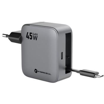 Forcell F-Energy GaN III VT-R5 USB-C utazó töltő adapter visszahúzható USB-C kábellel, PD, QC4.0, 45W, szürke kép