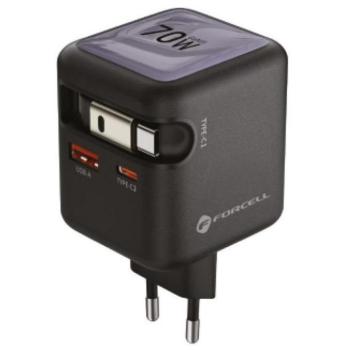 Forcell F-Energy GaN III VT-R7 USB-C-USB-A utazó töltő adapter visszahúzható USB-C kábellel, PD, QC4.0, 70W, szürke kép