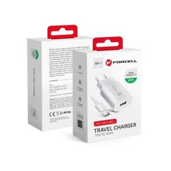 Forcell F-Energy TFK-TC-1099 USB-A + USB-A-USB-C töltő adapter kábellel, QC3.0, 2,4A, 18W, fehér kép