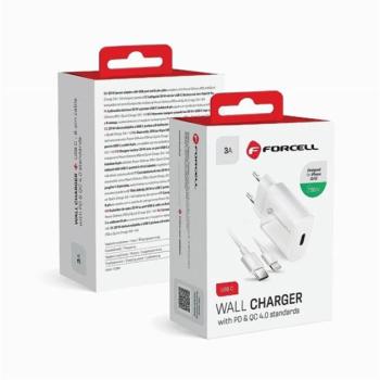 Forcell F-Energy TFK-TC-20WPD USB-C + USB-C-Lightning töltő adapter kábellel, PD, QC4.0, 3A, 20W, fehér kép