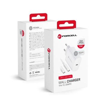 Forcell F-Energy TFK-TC-25WPD USB-C + USB-C-USB-C töltő adapter kábellel, PD, Q.C, 3A, 25W, fehér kép