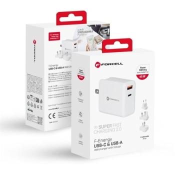Forcell F-Energy TFK-TC-45WPDAC 3in1 USB-C + USB-A töltő adapter, PD, QC4.0, 3A, 45W, fehér (EU / UK / US) kép