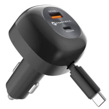 Forcell F-Energy USB-C-USB-A autós töltő behúzható kábellel, PD QC4.0, SFC2.0, 3A, 75W, fekete kép