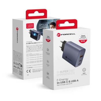 Forcell hálózati gyorstöltő 2xUSB-C + USB-A, PD + QC 4.0, 4A, GaN 65W, szürke kép