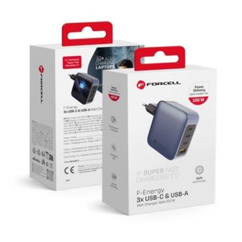 Forcell hálózati gyorstöltő 3xUSB-C + USB-A, PD + QC 4.0, 4A, 100W, kék kép