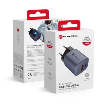 Forcell hálózati gyorstöltő USB-C + USB-A, PD + QC 4.0, 3A, 33W, kék kép