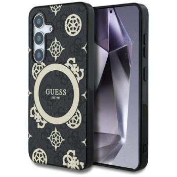 Guess 4G Background Gold Electroplated Peony Pattern Samsung Galaxy S25 MagSafe kemény hátlap tok, fekete kép