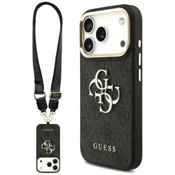 Guess 4G Big 4G Classic Logo Big Strap Metal Buttons Apple iPhone 17 Pro hátlap tok univerzális pánttal, fekete-arany kép