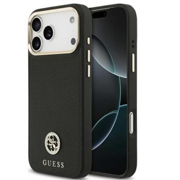 Guess 4G Grained Strass Logo Apple iPhone 17 Pro MagSafe tok kameravédő peremmel, fekete-arany kép