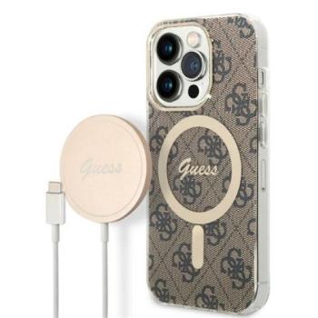 Guess 4G Print MagSafe Apple iPhone 14 Pro hátlap tok, barna + MagSafe töltő kép