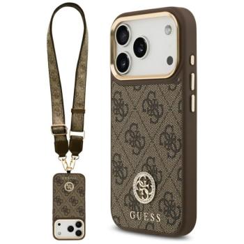 Guess 4G Strass Logo &amp; Big Strap Metal Buttons Apple iPhone 17 Pro hátlap tok univerzális pánttal, MagSafe, barna-arany kép