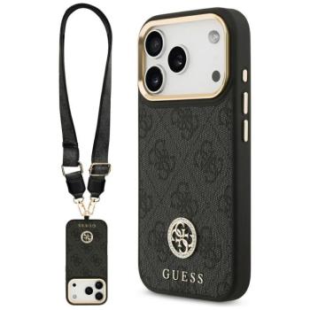 Guess 4G Strass Logo &amp; Big Strap Metal Buttons Apple iPhone 17 Pro hátlap tok univerzális pánttal, MagSafe, fekete-arany kép