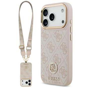 Guess 4G Strass Logo &amp; Big Strap Metal Buttons Apple iPhone 17 Pro MagSafe tok csukló / nyakpánttal, rózsaszín kép