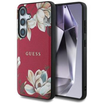 Guess Grained Printed Flower Pattern Samsung Galaxy S25 MagSafe kemény hátlap tok, fukszia kép