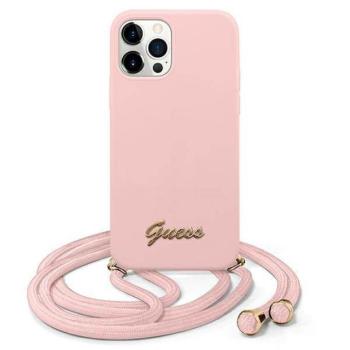 Guess GUHCP12LLSCLMGLP iPhone 12 Pro Max 6,7&quot; rózsaszín fém logós keménytok zsinórral kép