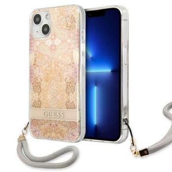 Guess GUHCP13SHFLSD iPhone 13 mini 5,4&quot; arany virágos keménytok szíjjal kép