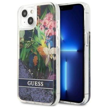 Guess GUHCP13SLFLSB iPhone 13 mini 5,4&quot; kék virág folyékony csillogó kristályos keménytok kép