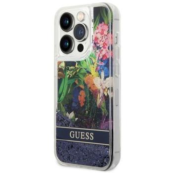 Guess GUHCP14LLFLSB Flower Liquid Glitter tok iPhone 14 Pro - kék kép