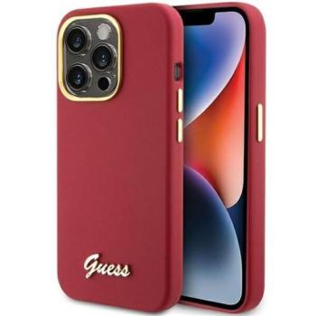 Guess GUHCP15LSMBSLM Silicone Script Metal Logo &amp; Frame tok iPhone 15 Pro - piros kép
