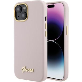 Guess GUHCP15SSMBSLP iPhone 15 6.1&quot; rózsaszín keménytok szilikon írás fém logó és keret kép