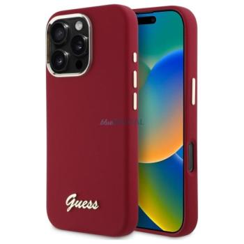 Guess GUHCP16LSMBSLM Silicone Script Metal Logo keménytok iPhone 16 Pro - piros kép