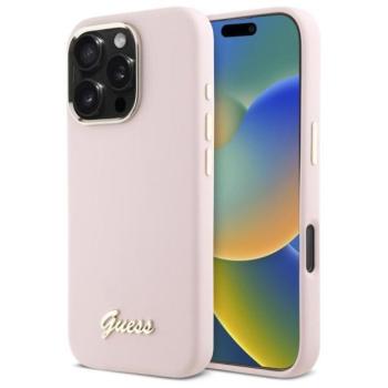 Guess GUHCP16LSMBSLP Silicone Script Metal Logo keménytok iPhone 16 Pro - rózsaszín kép