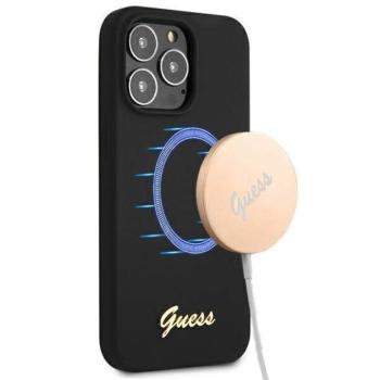 Guess GUHMP13LLSLMGBK iPhone 13 Pro / 13 6,1&quot; fekete szilikon keménytok Script Gold Logo MagSafe kép