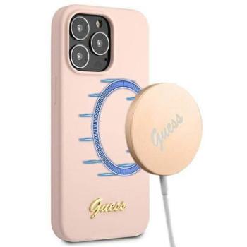 Guess GUHMP13XLSLMGLP iPhone 13 Pro Max 6,7&quot; világos rózsaszín szilikon Script Gold Logo MagSafe keménytok kép