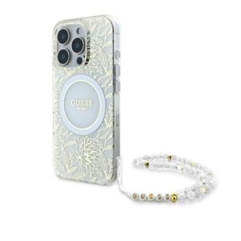 Guess GUHMP16LHCPOFPH IML Flowers Allover Electro With Pearl Strap MagSafe keménytok iPhone 16 Pro - fehér kép